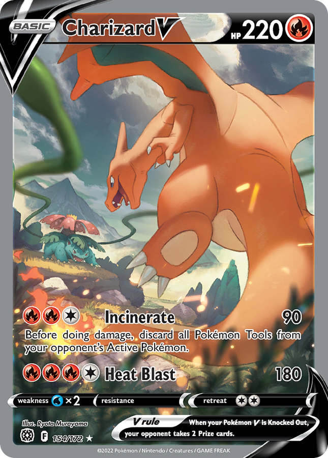 pokemon card 154 172 Charizard V 154/172 Brilliant Stars CGC 9.5 L.A. Mood Comics and Games cinematic illustration by Ryota Murayama depicting an epic battle scene against Venusaur that dominates the card from edge to edge with raw power and stunning detail Charizard V Alt Full Art